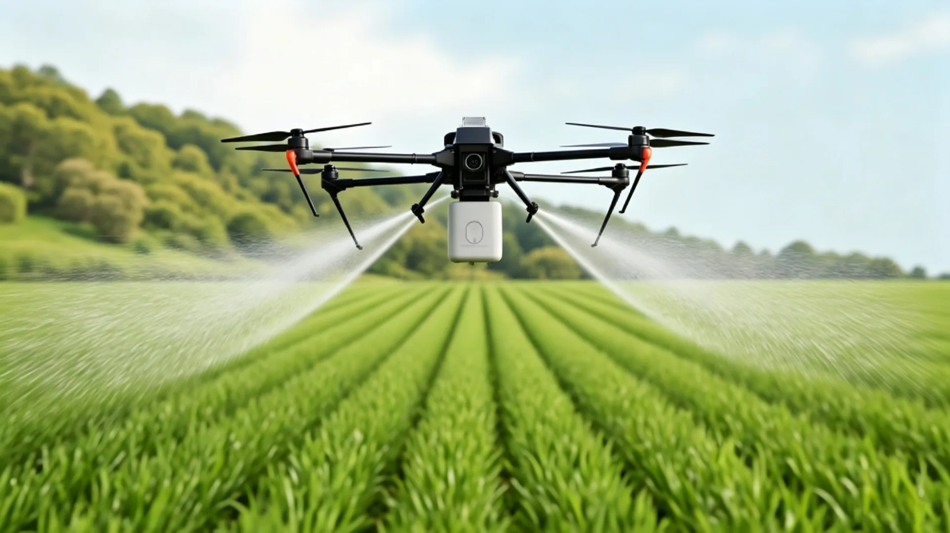 Agricultural spraying drone flying low over a crop field