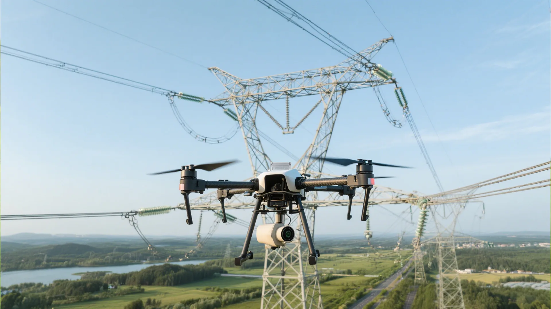 Inspection drone flying alongside a high-voltage transmission tower